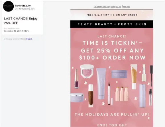 Fenty Beauty Image shows a marketing email from Fenty Beauty