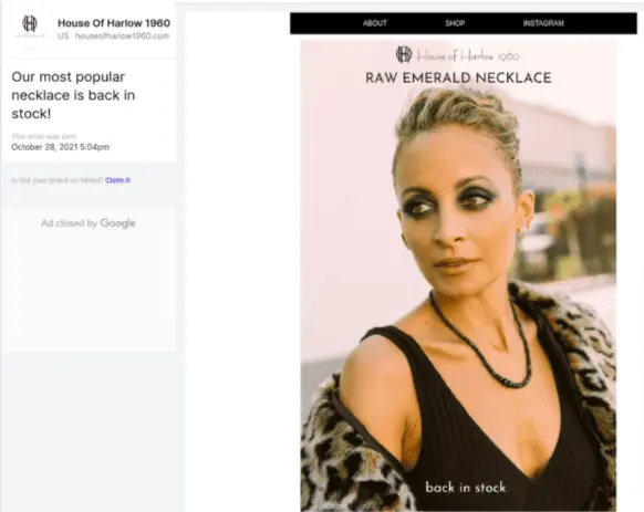House of Harlow Image shows a marketing email from House of Harlow