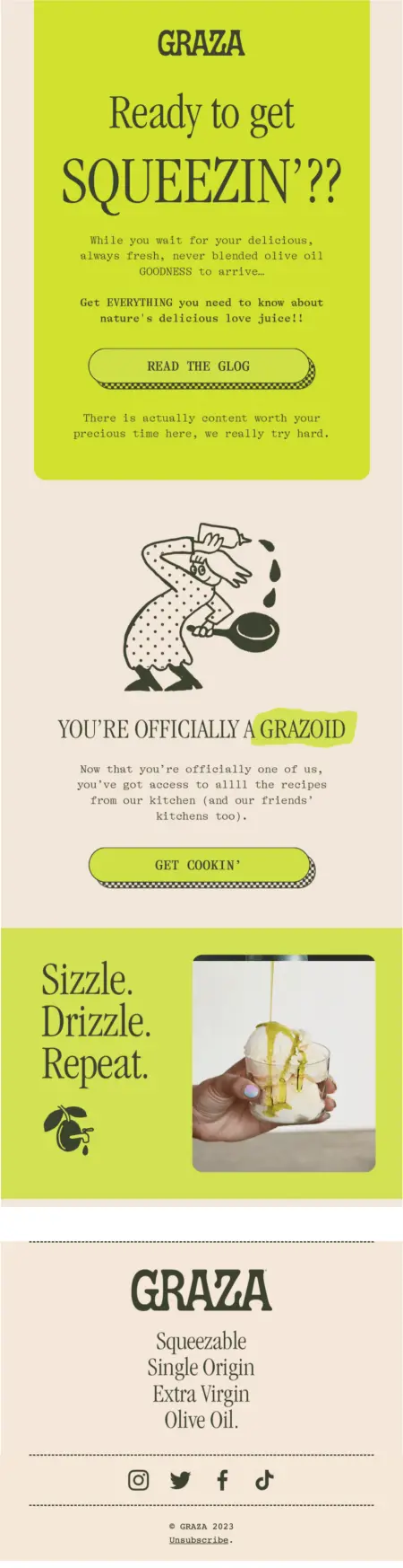 Graza-a/b-testing-autoresponder-click-through-rates Image shows a colorful post-purchase email from Graza, including call-to-action buttons to their blog that has recipes and images of a cartoon chef and close-up product shots.