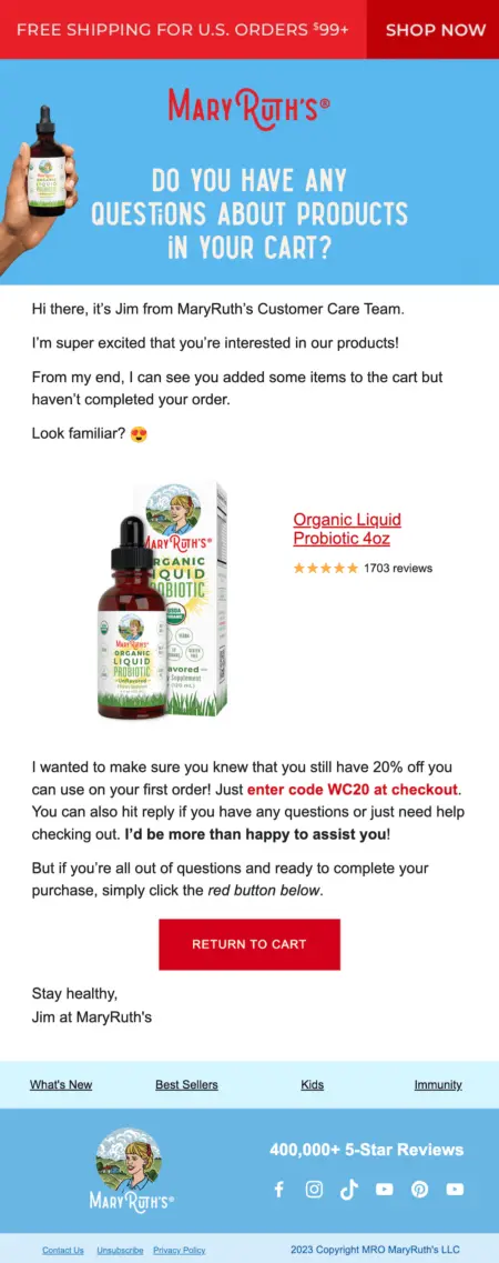 Number-of-clicks-landing-page Image shows an abandoned cart email from Mary Ruth’s Organics.