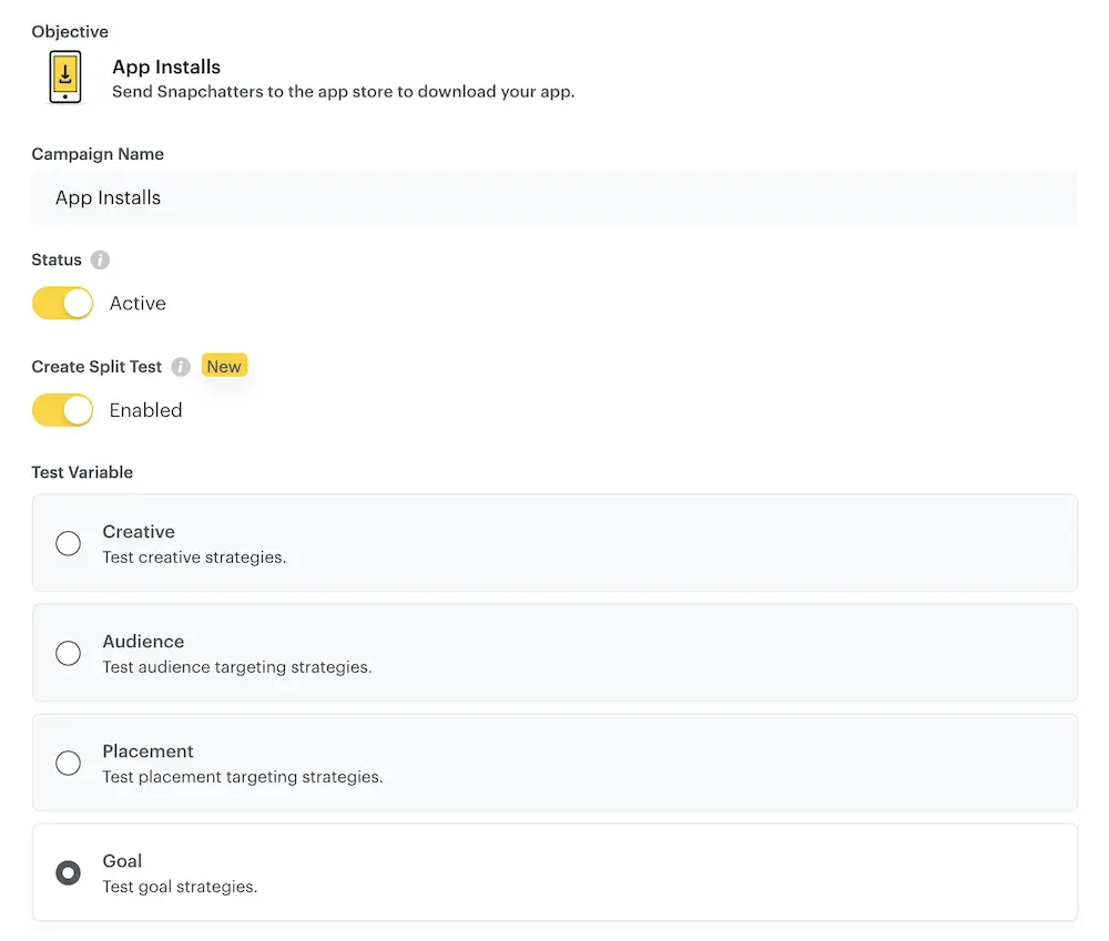 Image shows an A/B test in Snapchat, which features fields for campaign name, test status, and test variable. The user in this instance has selected the test variable “goal,” to test goal strategies.